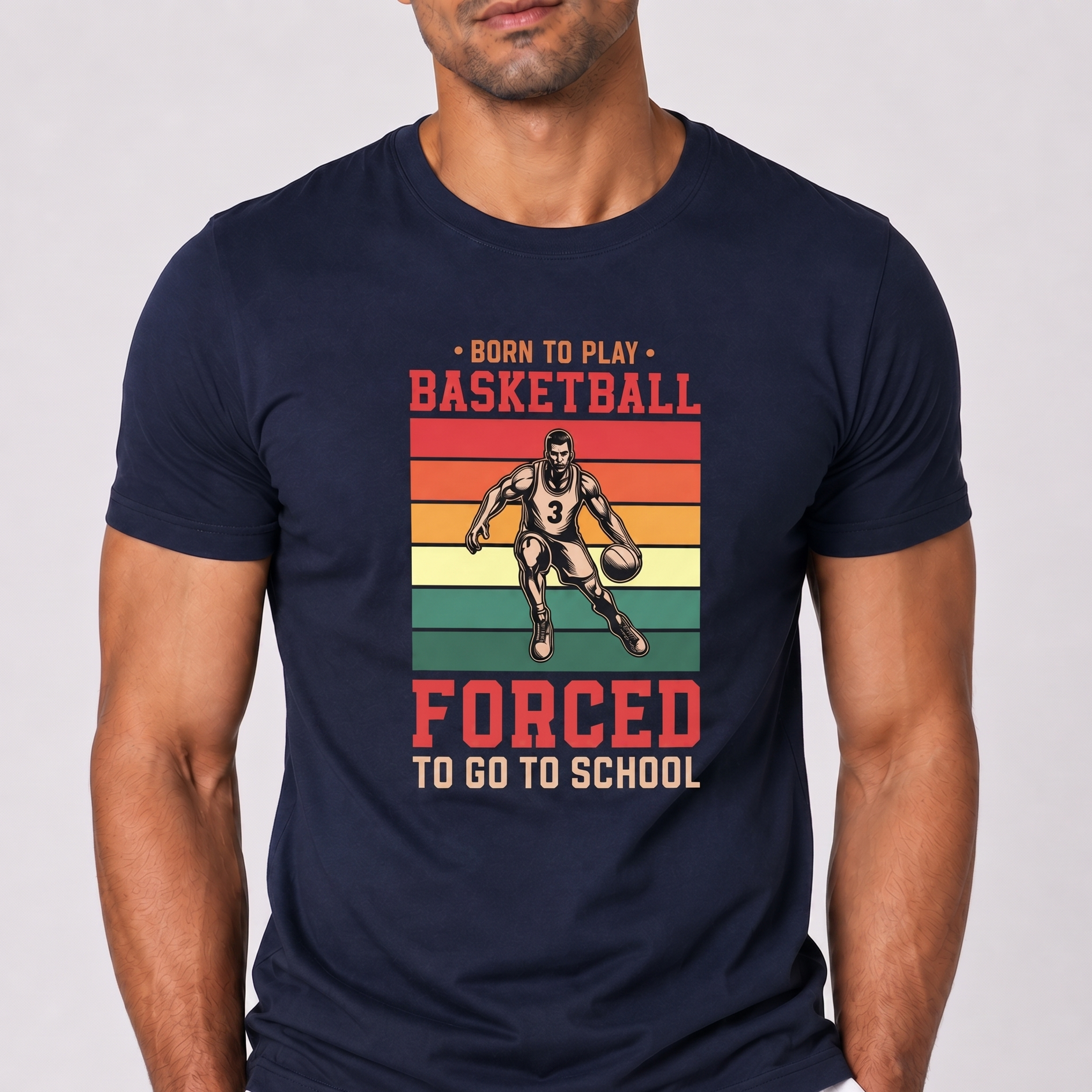 Navy blue t-shirt with basketball graphic and text on a white background