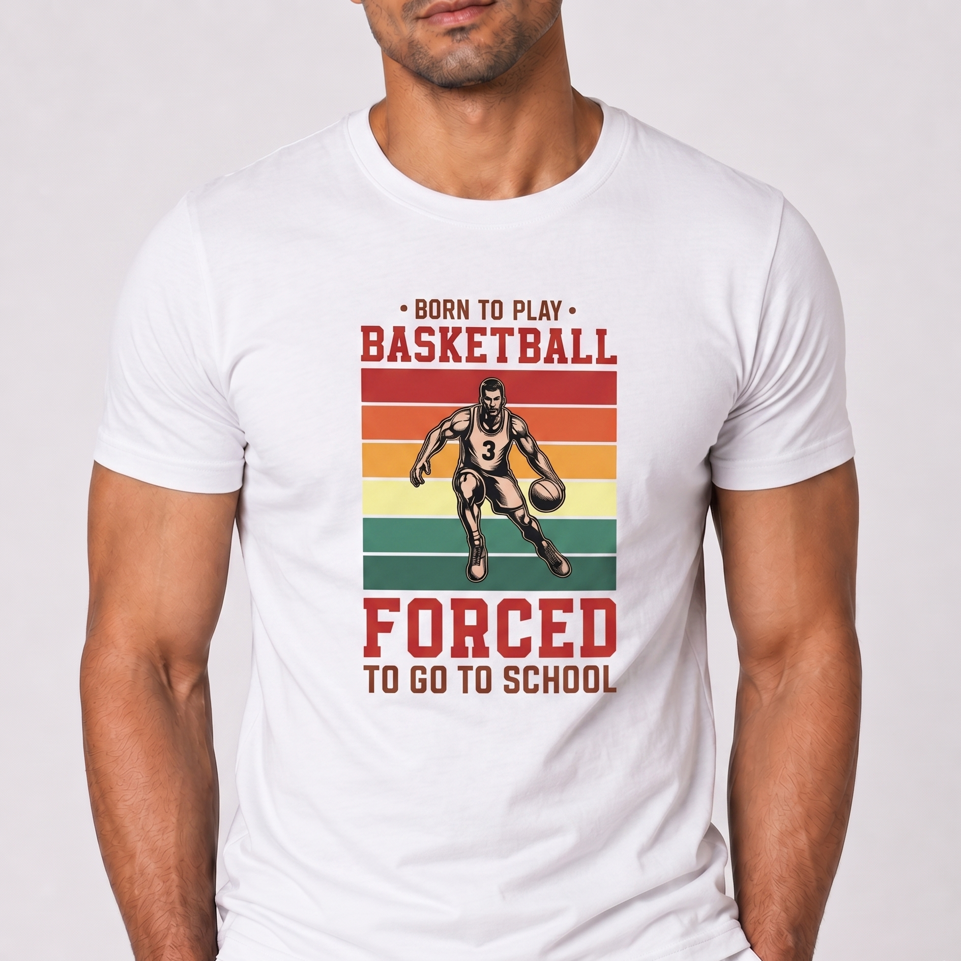 Person wearing a white t-shirt with a basketball graphic and text.