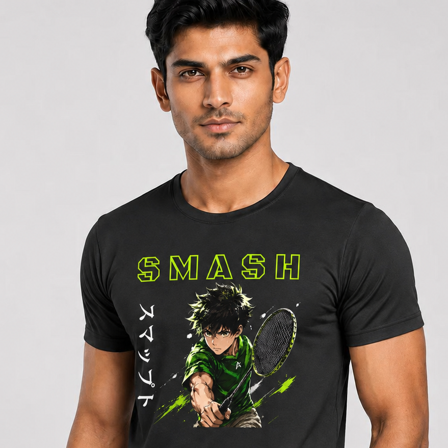 Man wearing a black t-shirt with a graphic design and the word 'SMASH' on a gray background