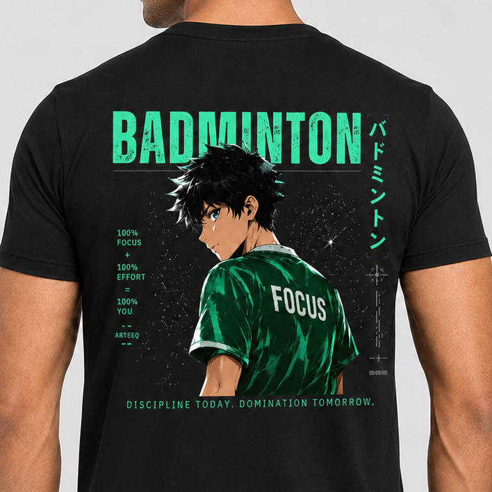 Person wearing a black t-shirt with a graphic of a badminton player and text on the back.