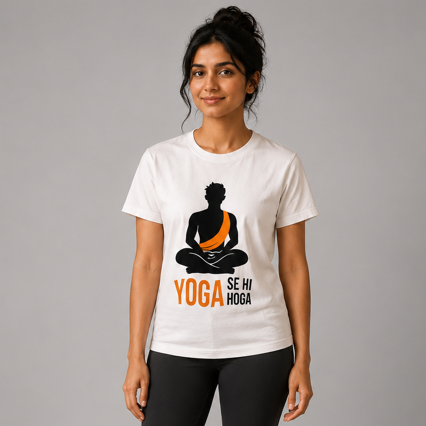 Woman wearing a white t-shirt with a yoga-themed design on a gray background