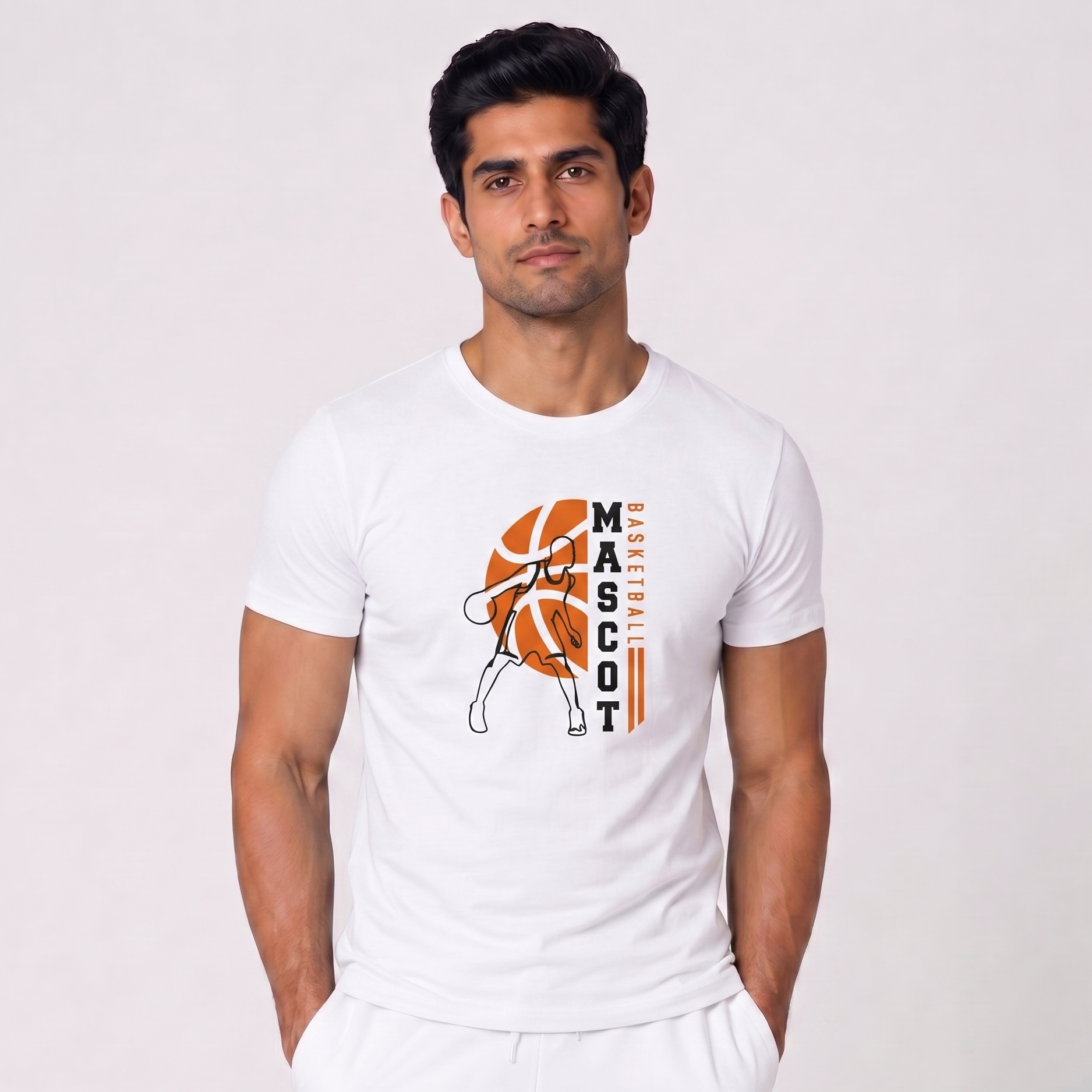 Man wearing a white t-shirt with a graphic design on a plain background