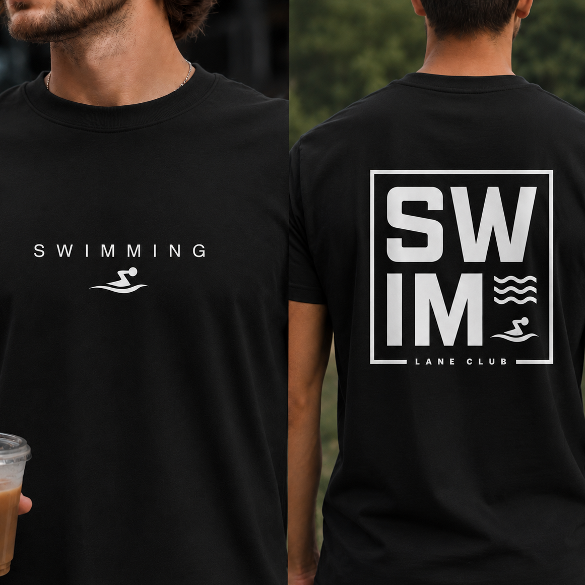 Black t-shirt with 'Swimming' text and logo on front, and 'SWIM Lane Club' text on back.