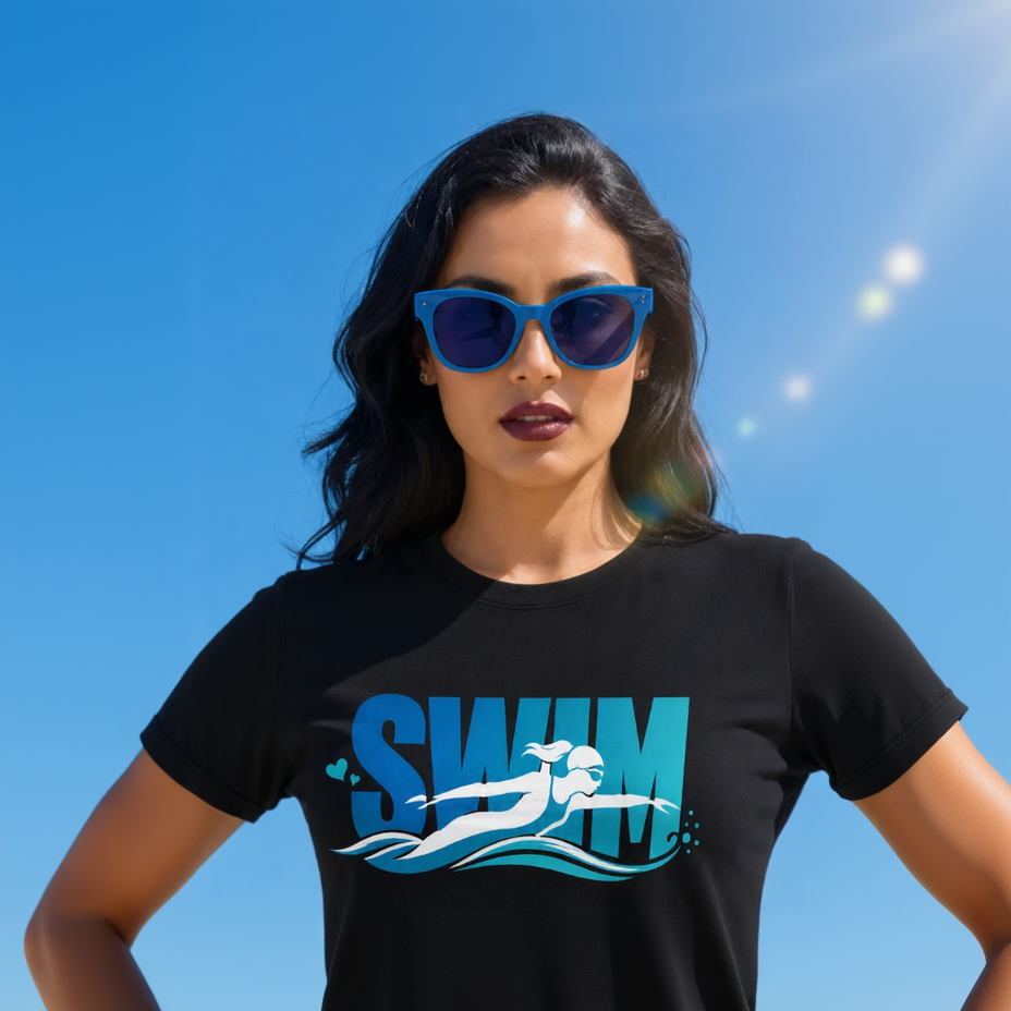 Woman wearing a black t-shirt with a blue 'SWIM' graphic against a clear blue sky.