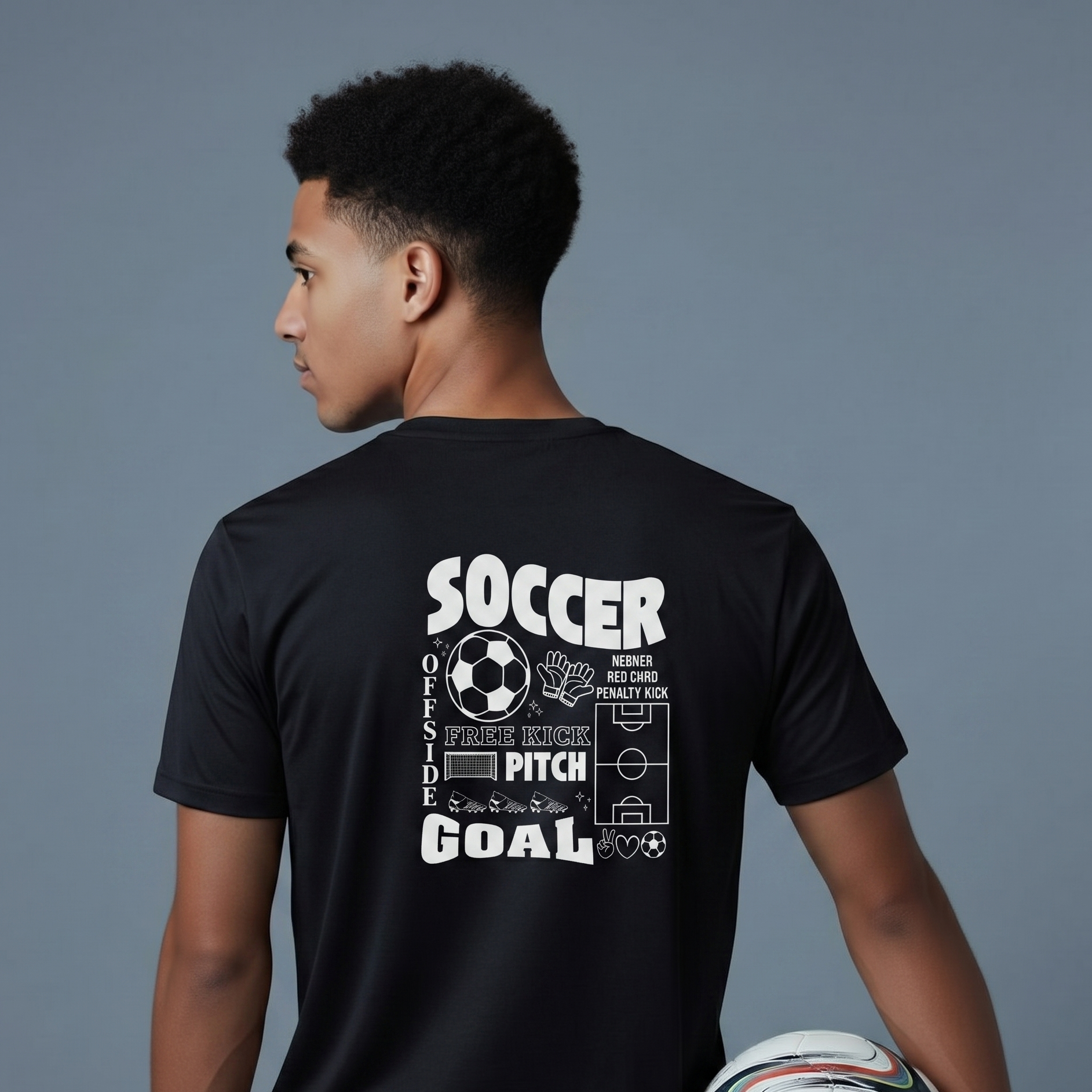 Person wearing a black t-shirt with soccer-themed text on the back, holding a soccer ball against a gray background.