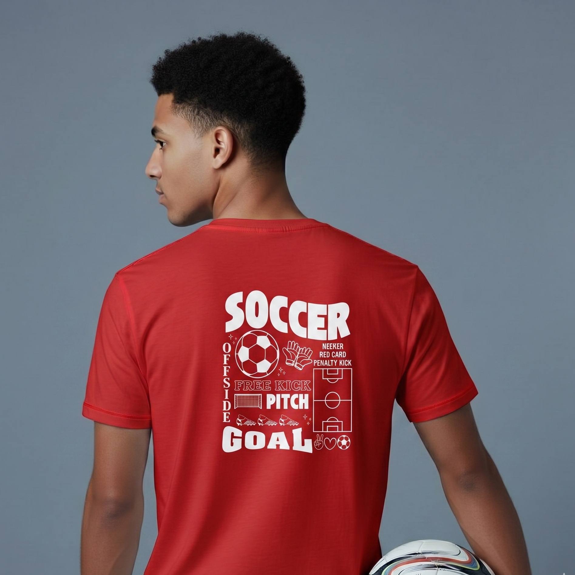 Person wearing a red t-shirt with soccer-themed text on the back, holding a soccer ball against a gray background.