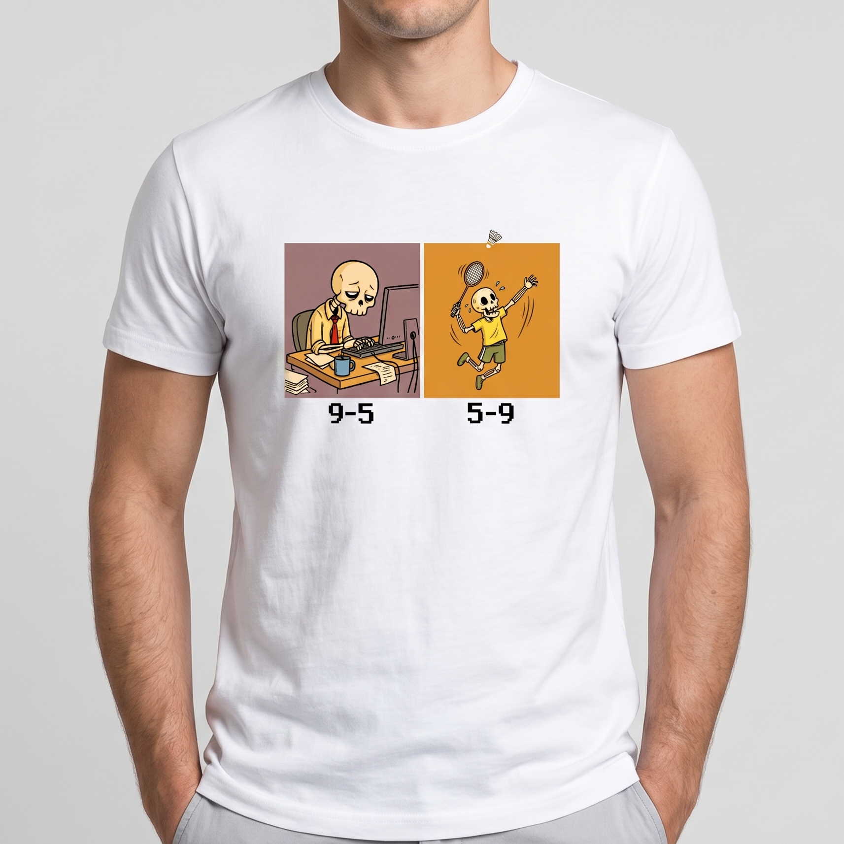 White t-shirt with cartoon design featuring a person at a desk and another person exercising, on a plain background.