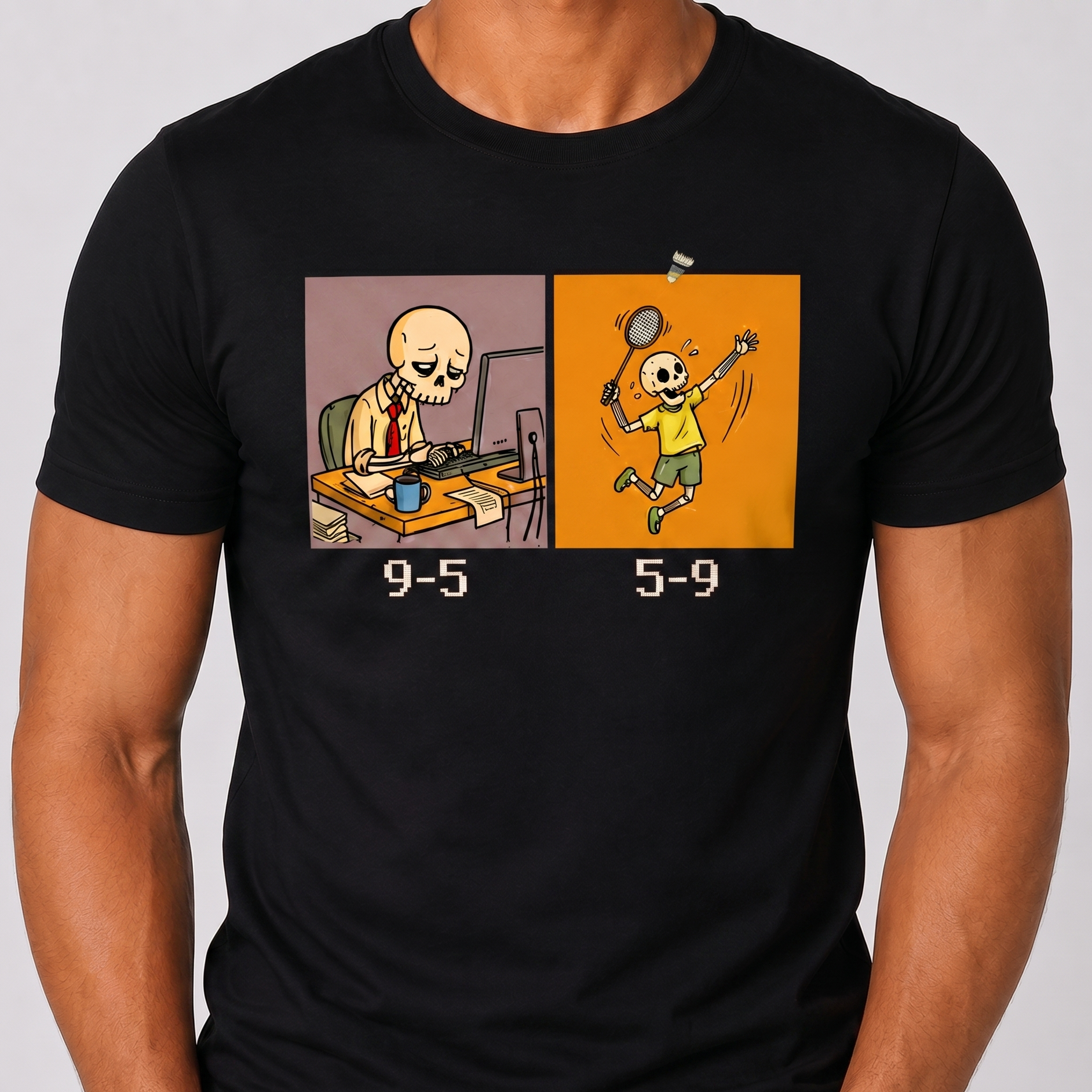 Black t-shirt with cartoon design featuring a skeleton and a person playing tennis, on a plain background.