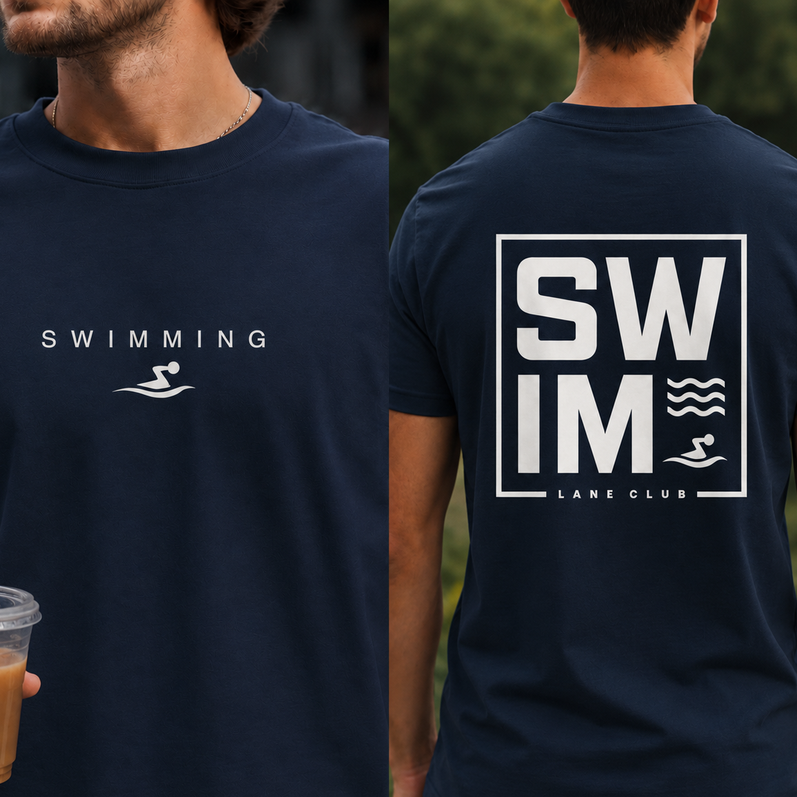 Navy blue t-shirt with 'Swimming' text and logo on front, 'SWIM Lane Club' text and logo on back.