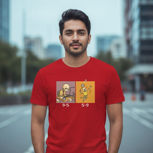 Man wearing a red t-shirt with a graphic design on a city street background