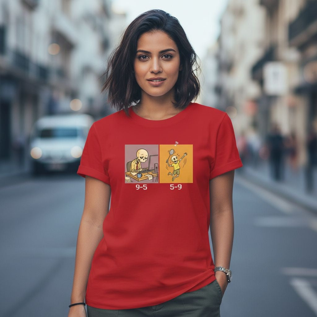 Woman wearing a red t-shirt with cartoon designs on a city street.
