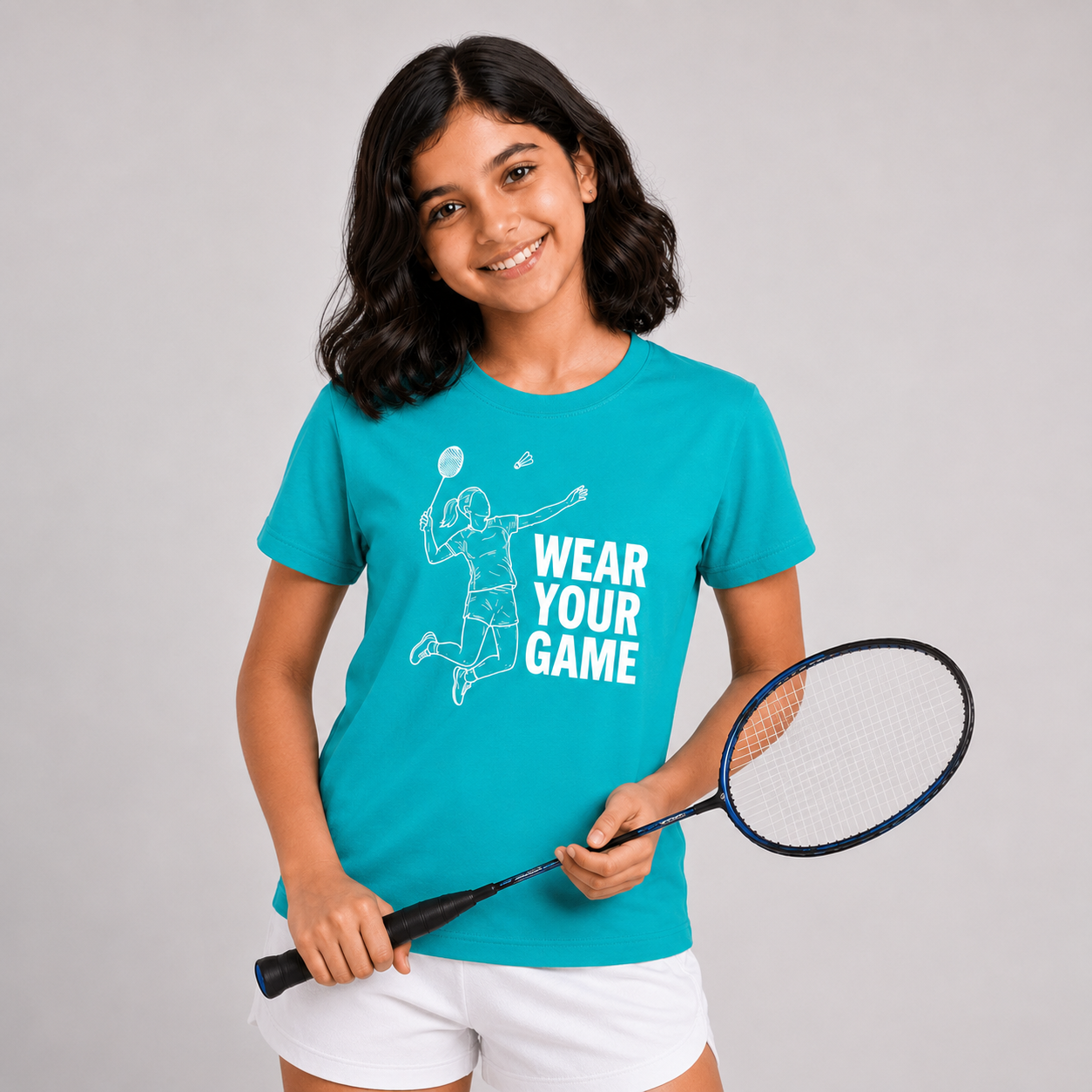 A young girl with dark hair smiling while holding a badminton racket, wearing a bright teal t-shirt with a white graphic of a player and the text 'WEAR YOUR GAME', paired with white shorts, against a solid light gray background.