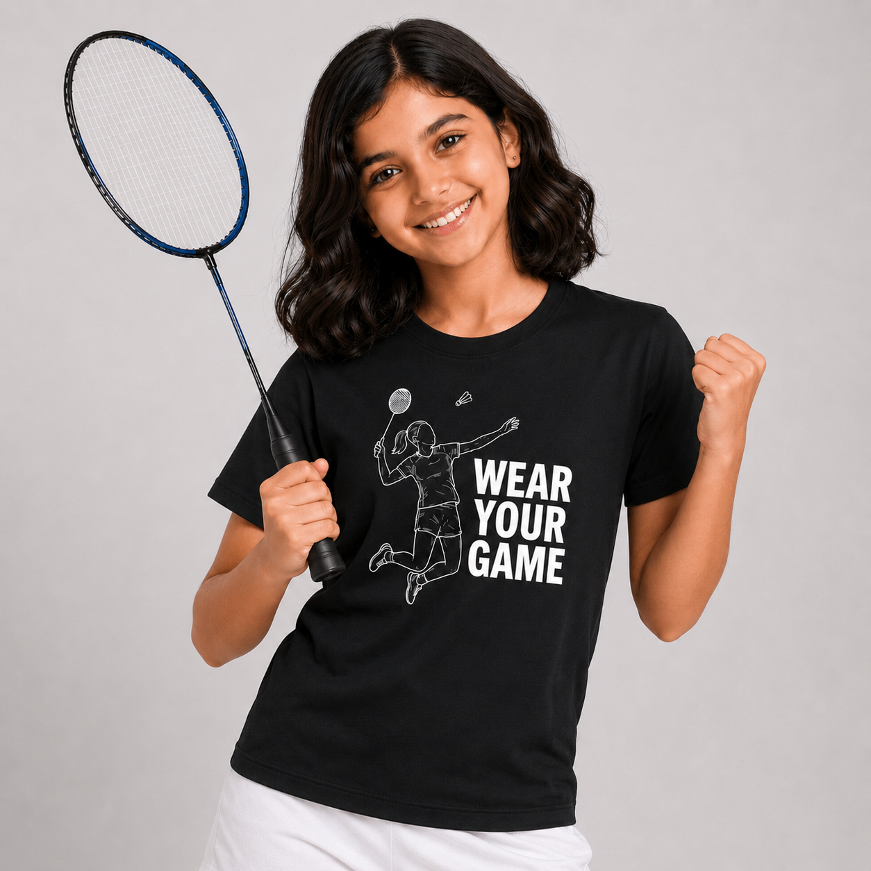 A young girl smiling and holding a badminton racket, wearing a black t-shirt with a white graphic of a badminton player and the text 'WEAR YOUR GAME'.