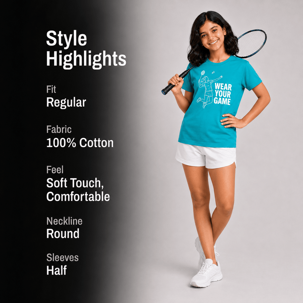 A woman modeling a bright turquoise short-sleeve graphic T-shirt with white athletic shorts and white sneakers, holding a tennis racket against a light gray studio background. A black sidebar on the left lists style highlights including fit, fabric, comfort, neckline, and sleeve details.