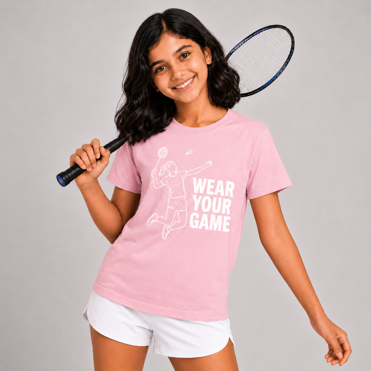 A young girl with dark hair smiling while holding a badminton racket, wearing a light pink t-shirt with a white graphic that reads 'WEAR YOUR GAME' and white athletic shorts, against a solid gray studio background.