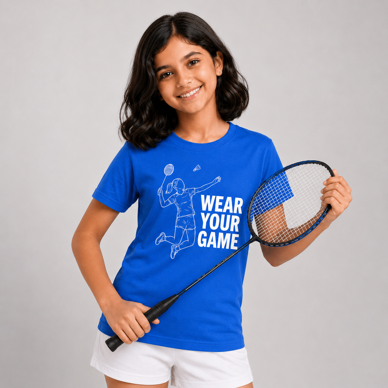 A young girl with dark hair smiling while holding a badminton racket, wearing a bright blue t-shirt with a white graphic of a player and the text 'WEAR YOUR GAME'.