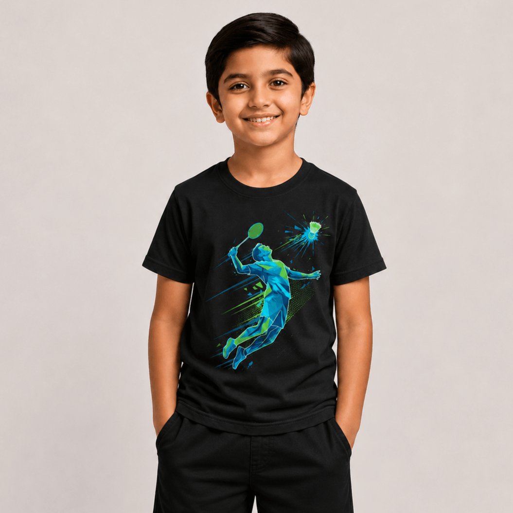 A young boy smiling and wearing a black short-sleeve t-shirt with a vibrant blue and green graphic of a badminton player, set against a plain light gray background.