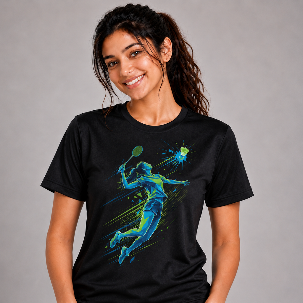 Woman wearing a black t-shirt with a graphic design of a badminton player on a gray background