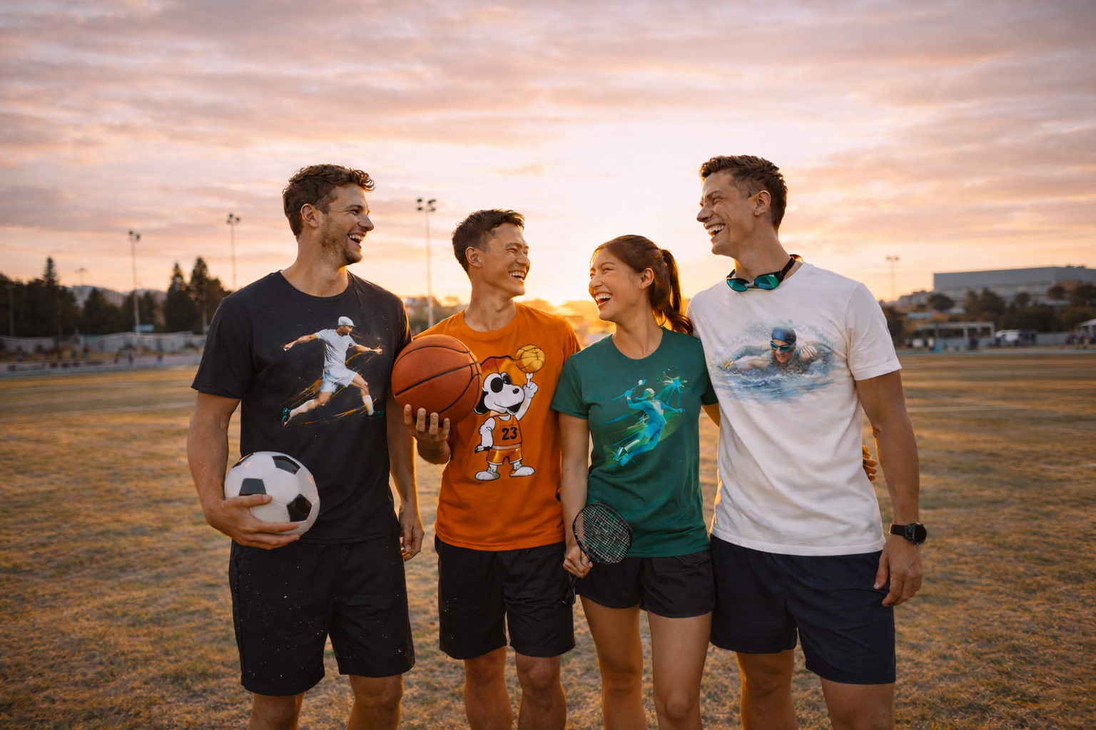 Four friends standing on a sports field with sports balls, smiling at sunset.