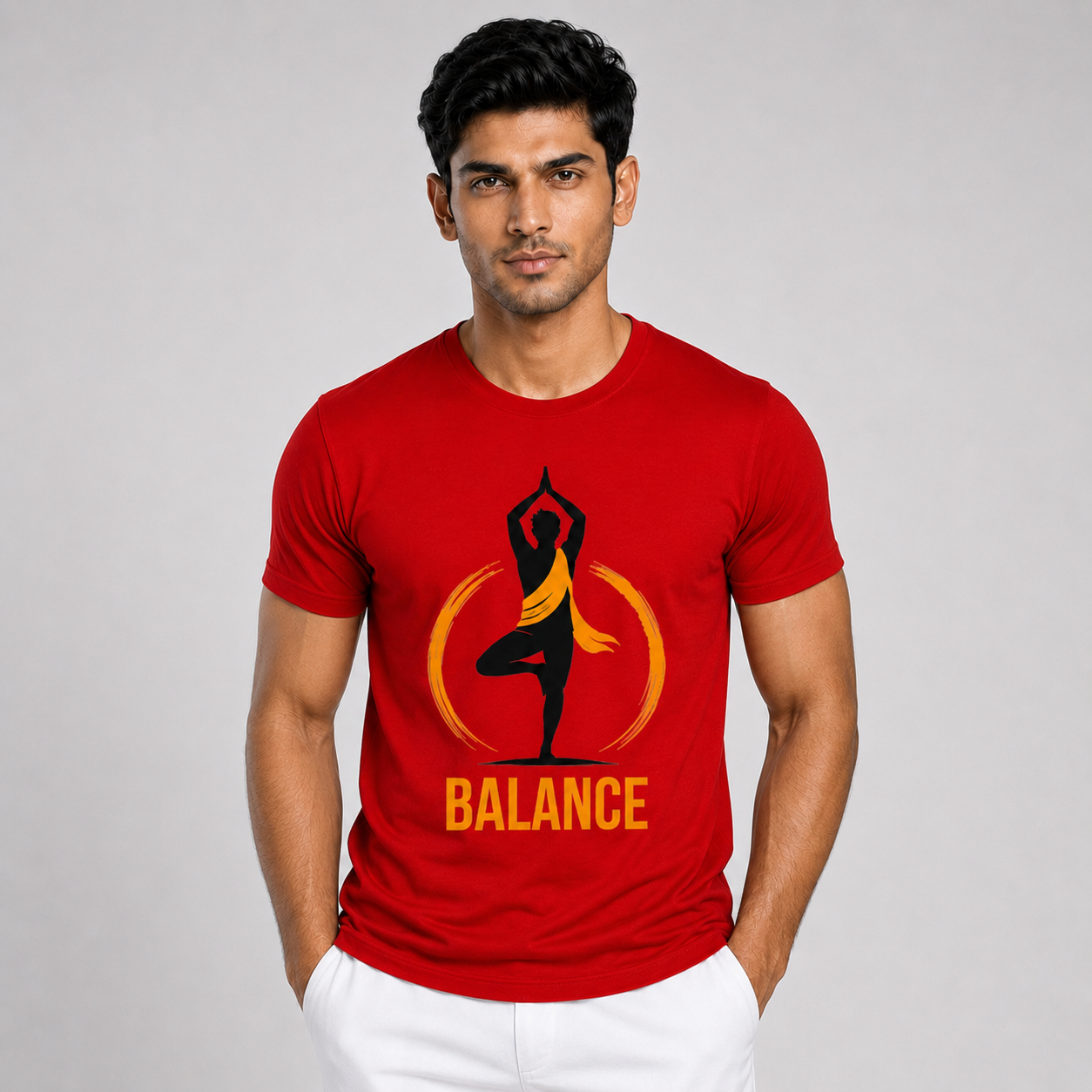 Man wearing a red t-shirt with a yoga pose graphic and 'BALANCE' text on a gray background