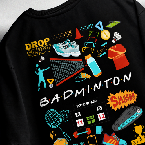 Black badminton graphic cotton t-shirt back print with Drop Shot Smash doodle design