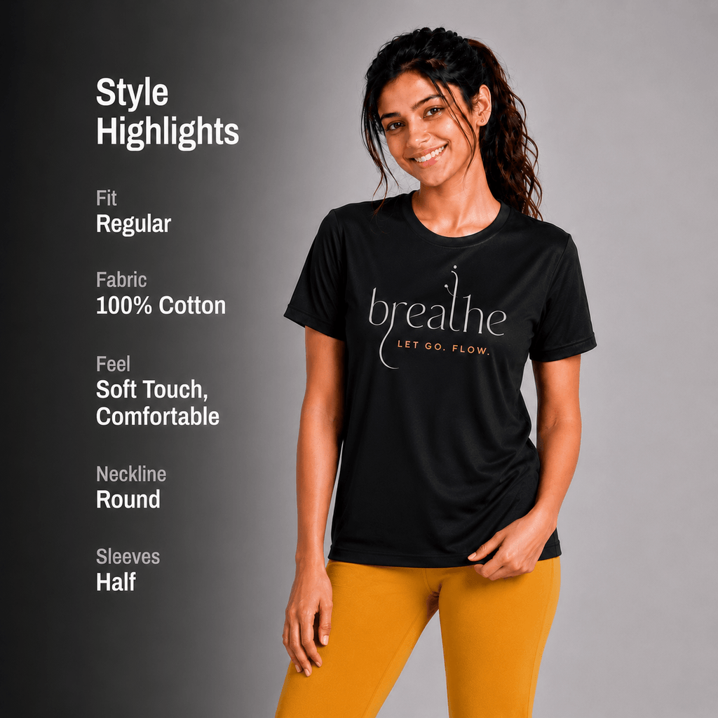 Woman wearing a black  yoga t-shirt with 'breathe' text, standing against a gray background with style highlights listed.