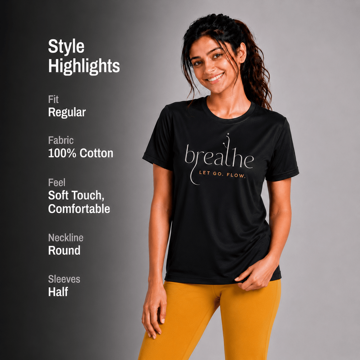 Woman wearing a black  yoga t-shirt with 'breathe' text, standing against a gray background with style highlights listed.