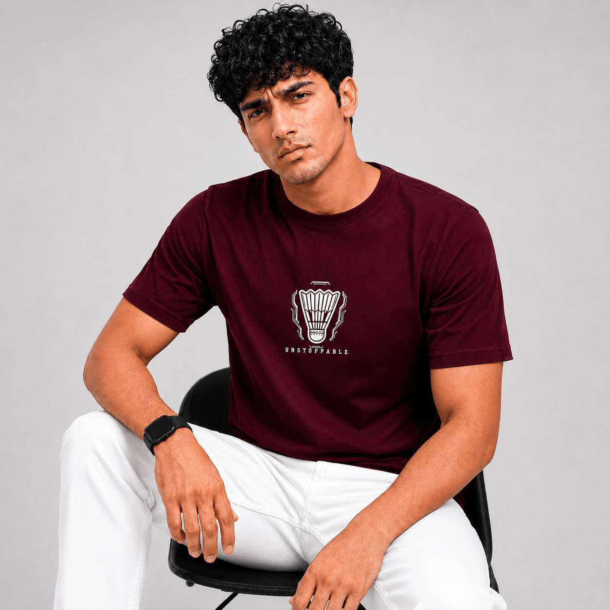 A man wearing a maroon short-sleeve t-shirt with a white shuttlecock graphic and the word 'PROSTRAKUS' printed on the chest, paired with white trousers, sitting on a black chair against a light gray background.