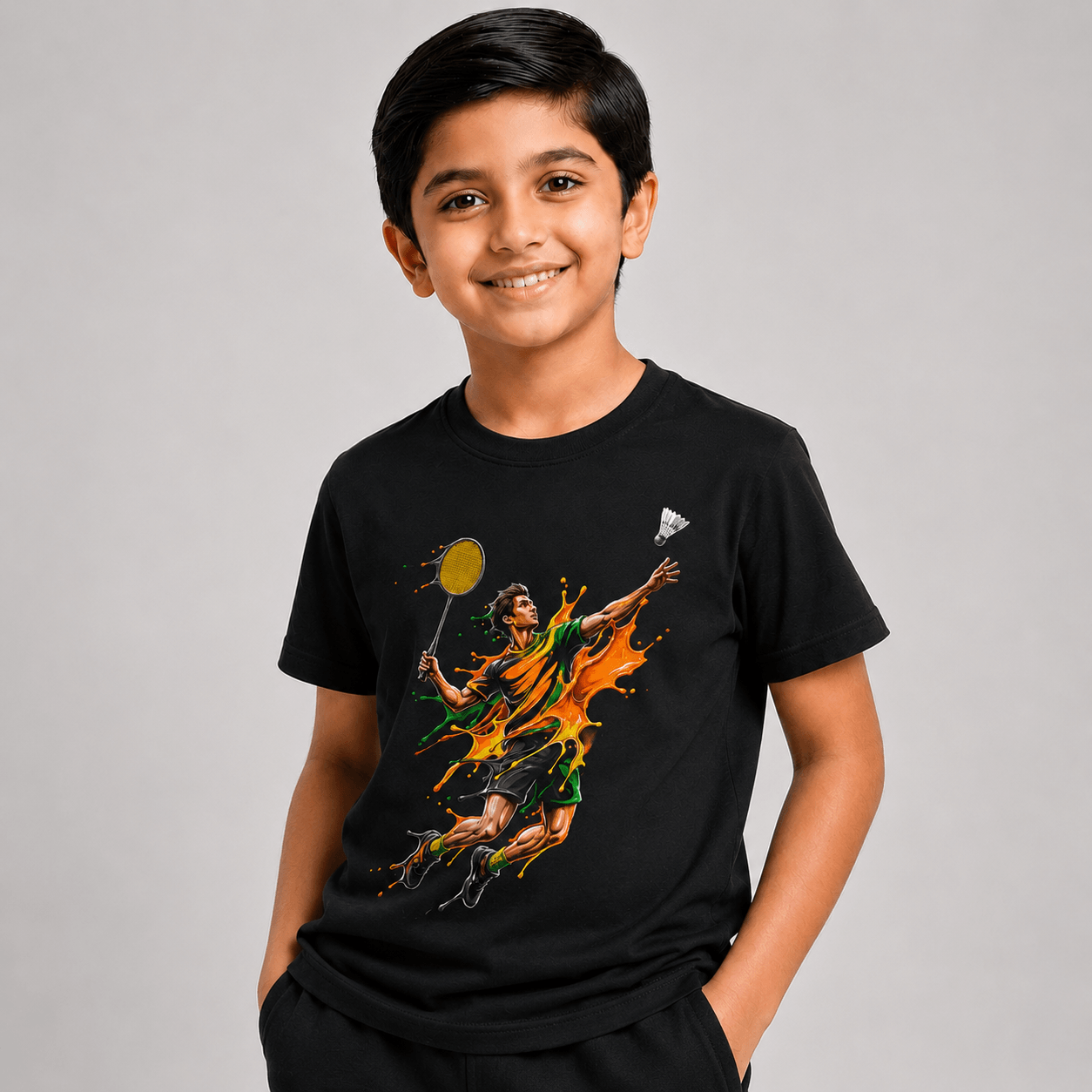 A smiling young boy wearing a black short-sleeve t-shirt with a vibrant graphic print of a badminton player in action, set against a solid gray studio background.