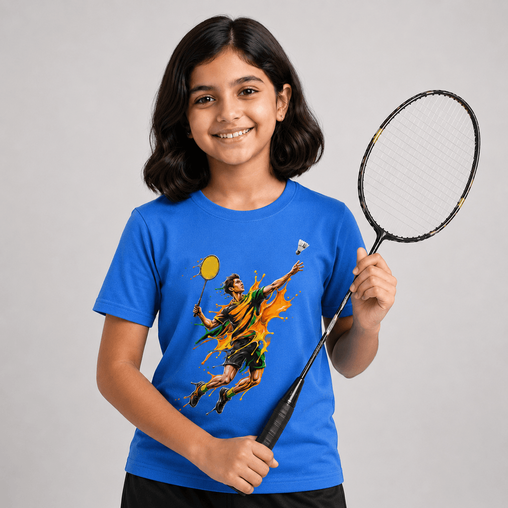 A young girl smiling and holding a badminton racket, wearing a bright blue t-shirt with a graphic of a badminton player in action. The background is a solid light gray studio backdrop.