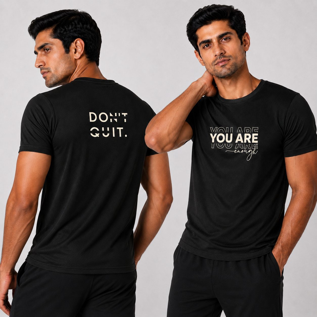 Man wearing a black t-shirt with motivational text on the front and back, standing against a plain background.