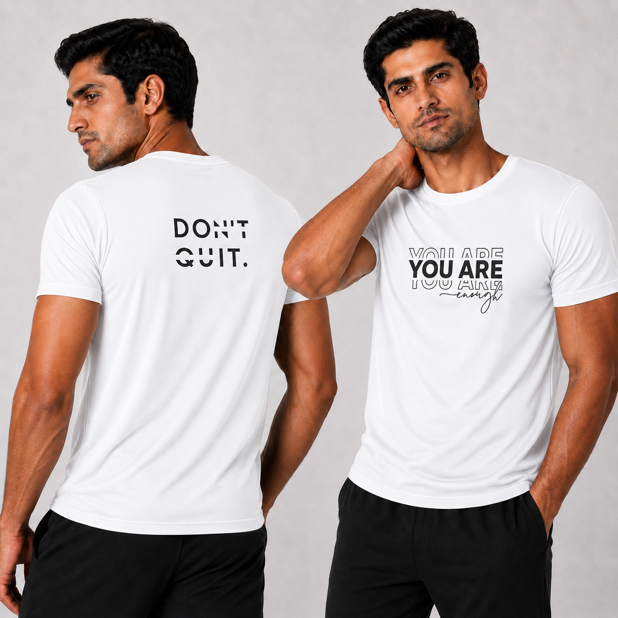 Two men wearing white t-shirts with motivational phrases on a plain background
