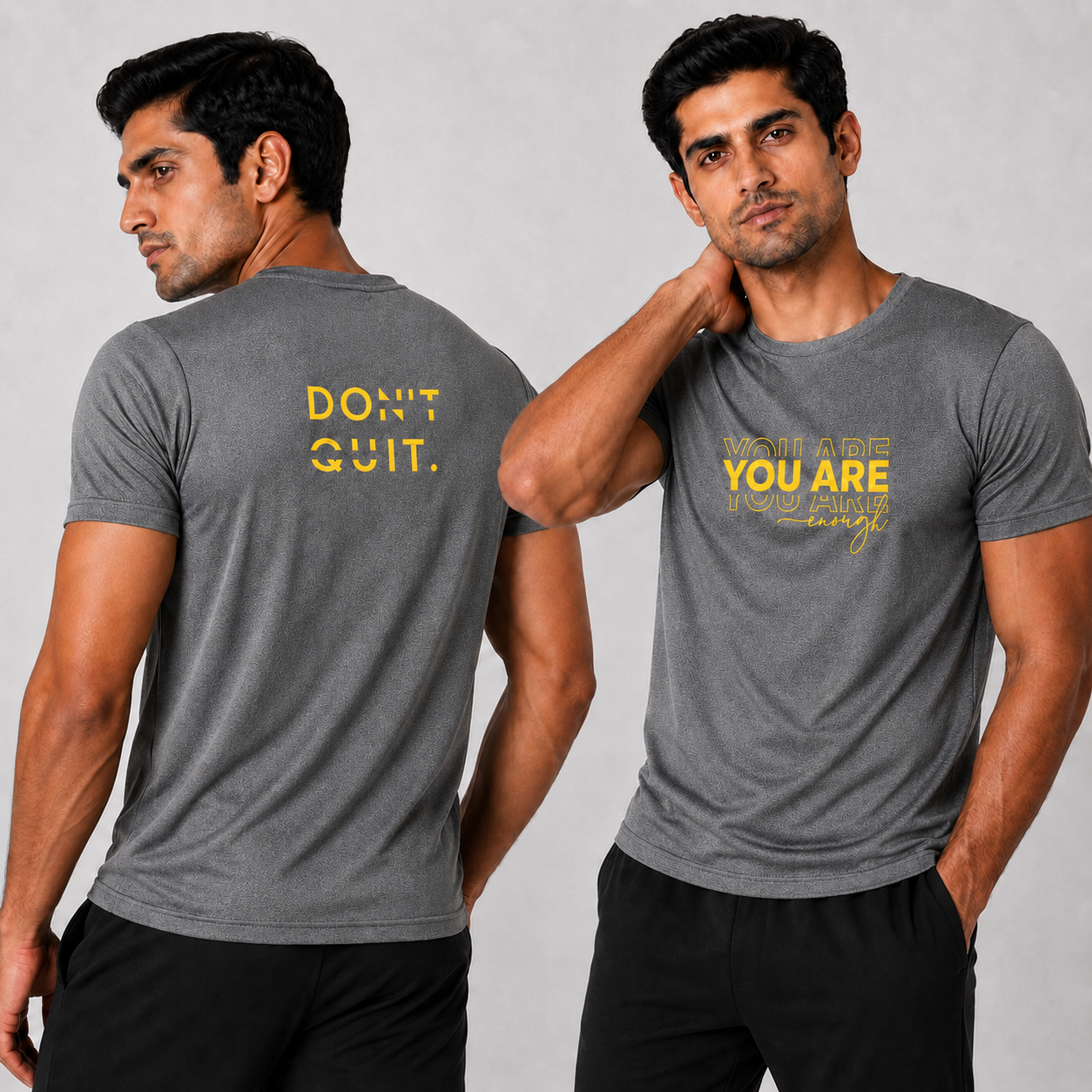 Man wearing a gray t-shirt with motivational text on a plain background