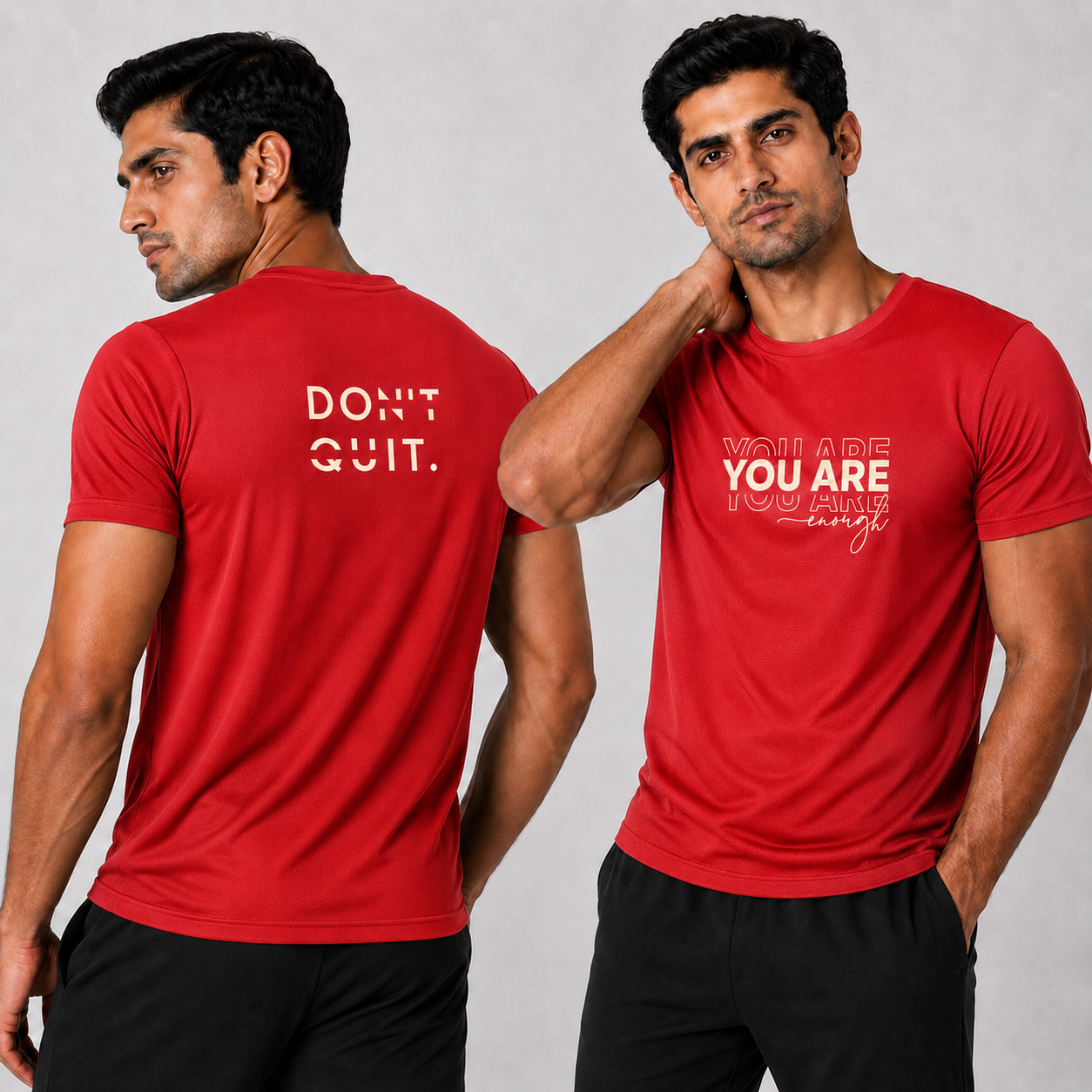 Man wearing a red t-shirt with motivational text on the front and back, on a plain background.