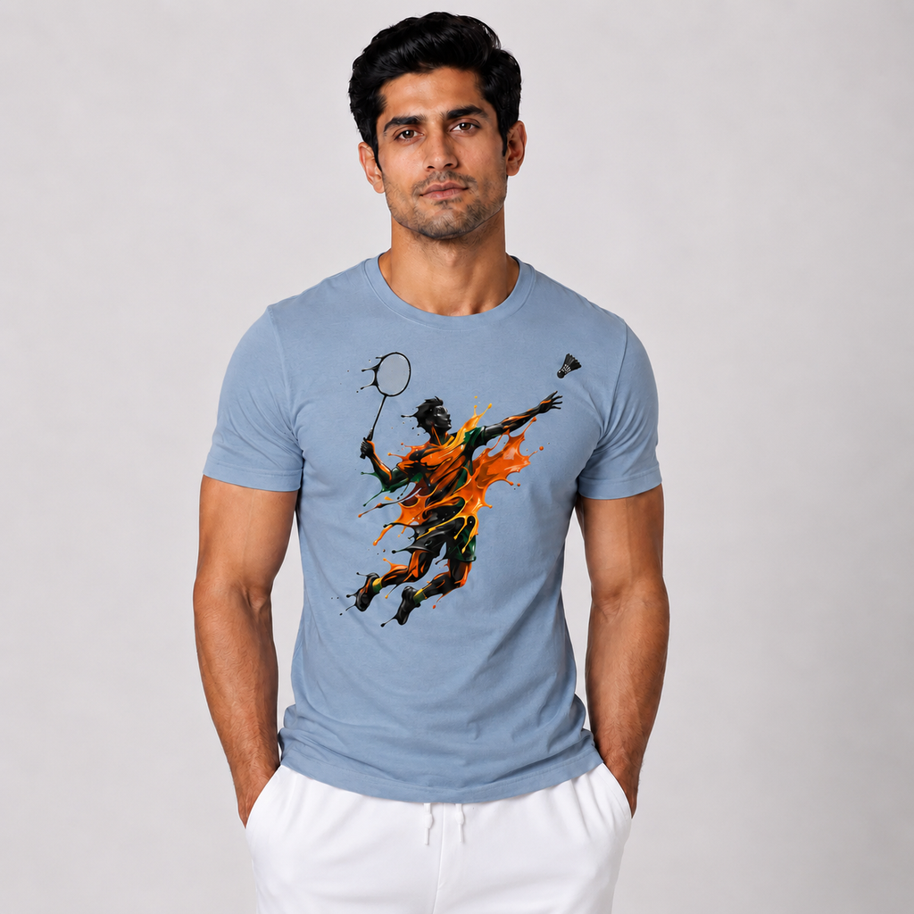 Man wearing a blue t-shirt with a graphic design of a badminton player.