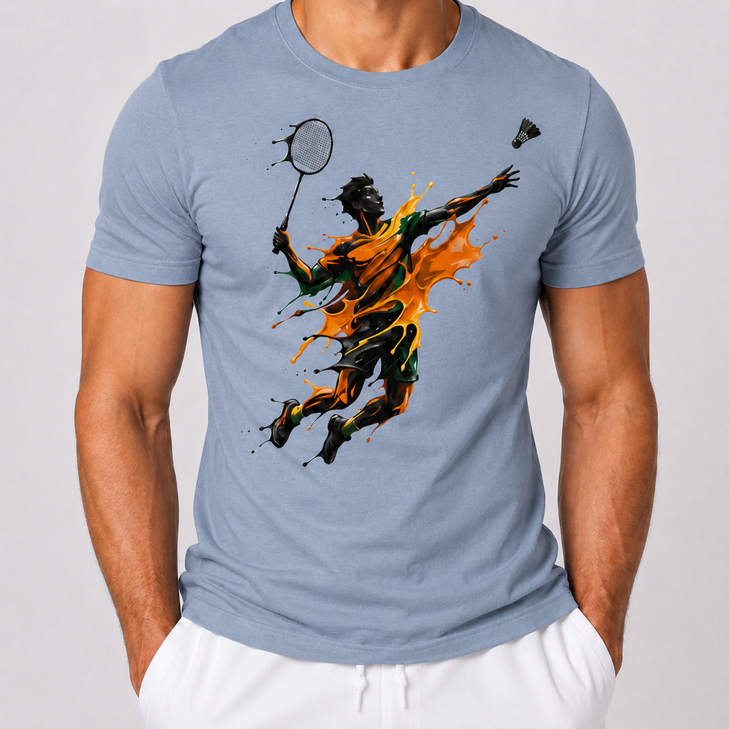 Light blue t-shirt with a colorful graphic of a badminton player on a plain background