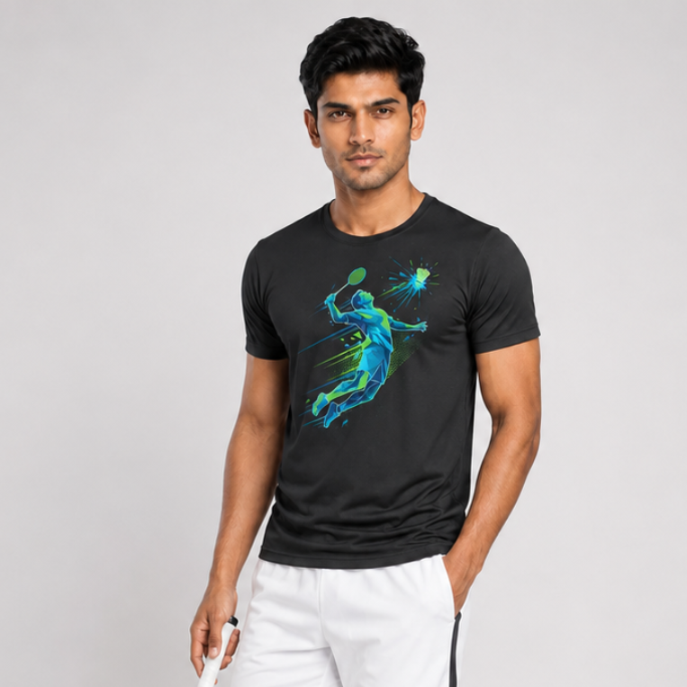 Man holding a badminton racket wearing a black t-shirt with a graphic design and white shorts on a gray background