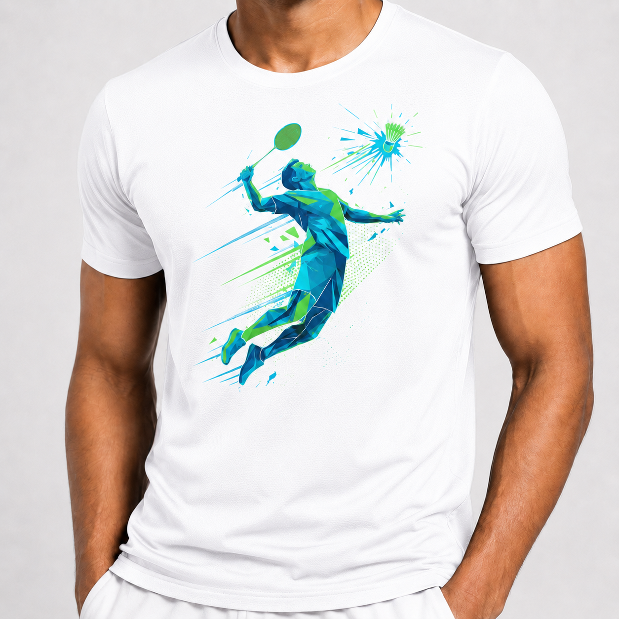 White t-shirt with a colorful graphic of a tennis player on a plain background