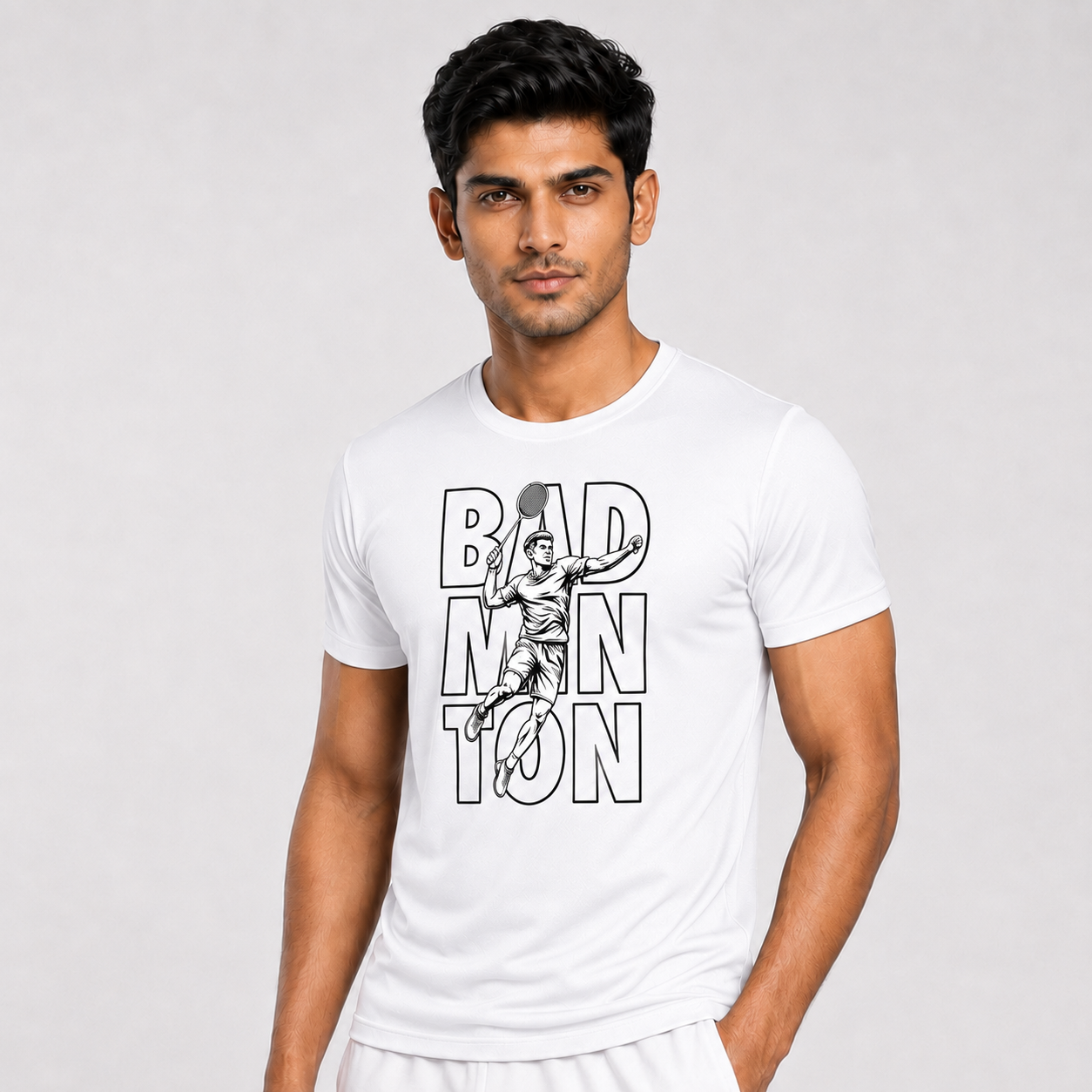 Man wearing a white t-shirt with graphic design and text on a plain background