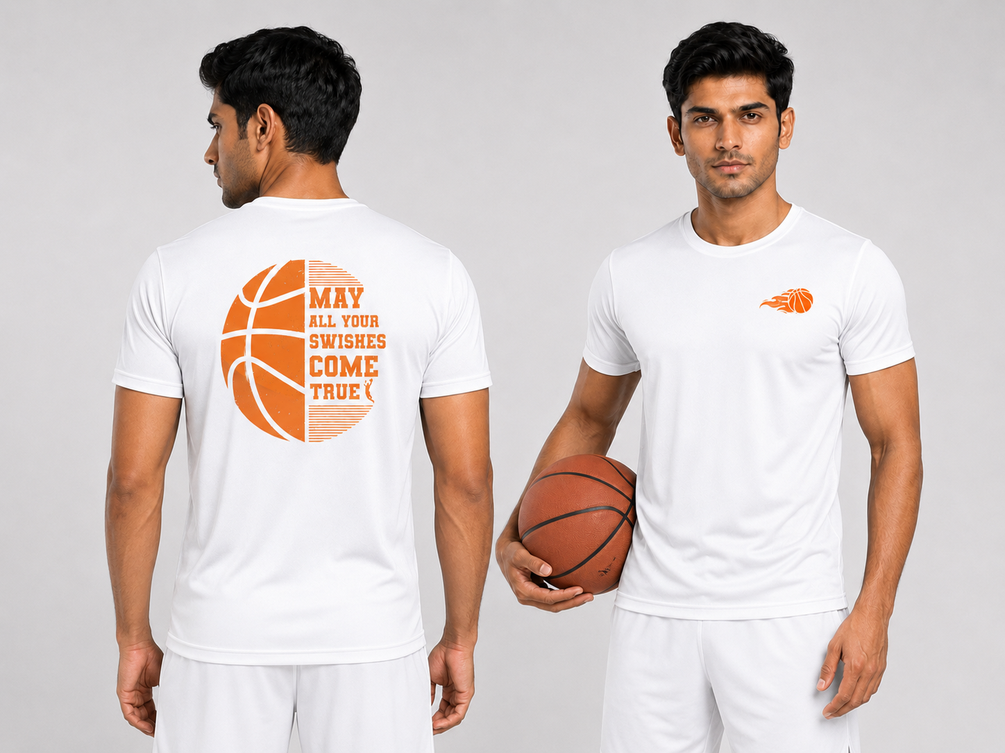 Man wearing a white t-shirt with a basketball graphic and text, holding a basketball.