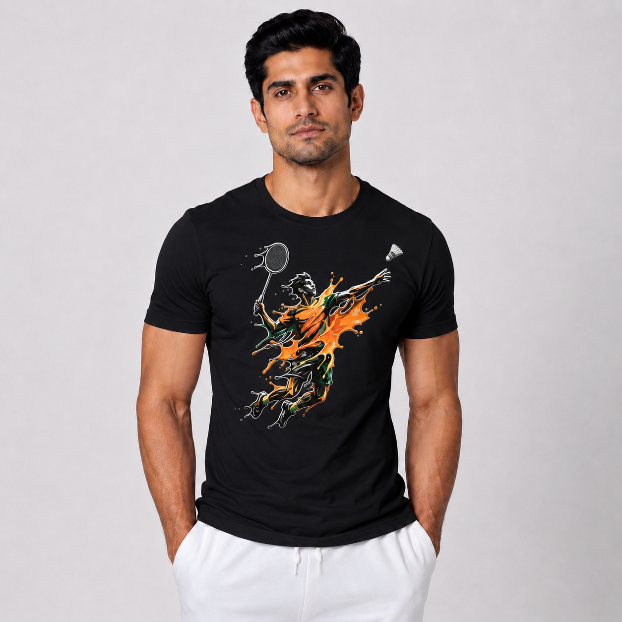 Man wearing a black t-shirt with a colorful graphic design on a plain background