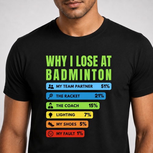Men's Cotton Badminton Blame Game T-Shirt Front Close-Up - Why I Lose at Badminton Funny Stats Graphic Black Cotton Tee #color_black