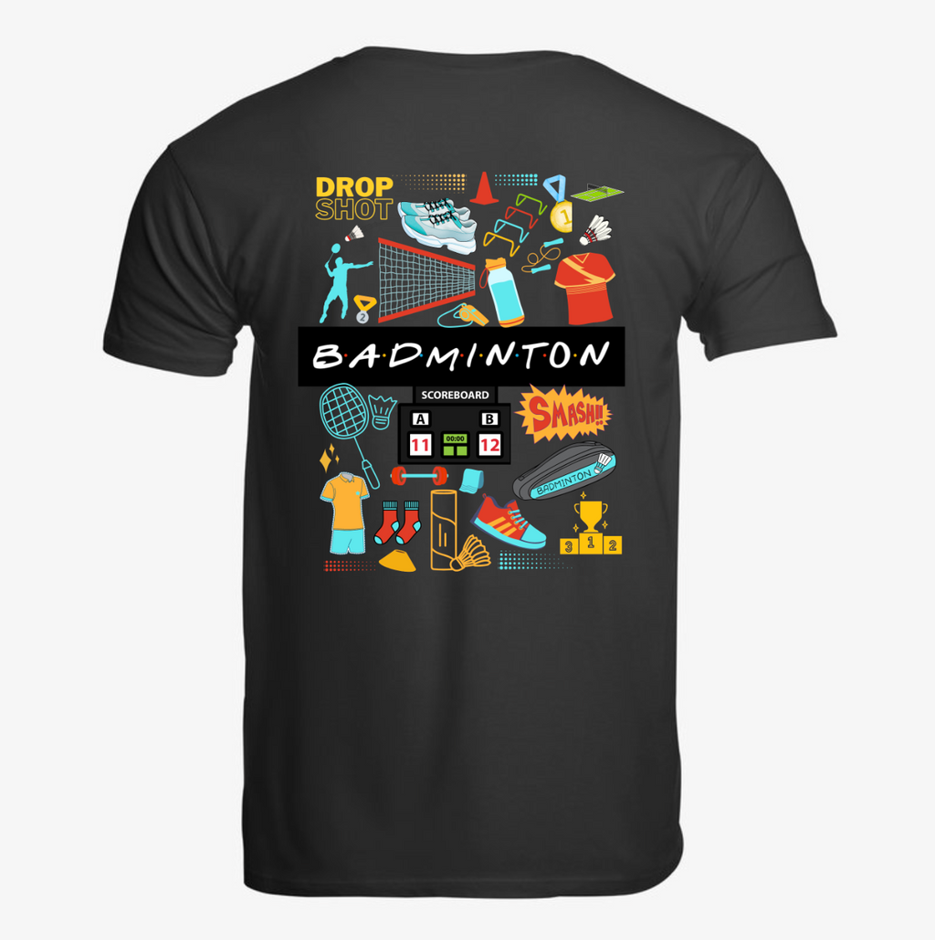 Badminton doodle back print tee with scoreboard racket shuttlecock graphic