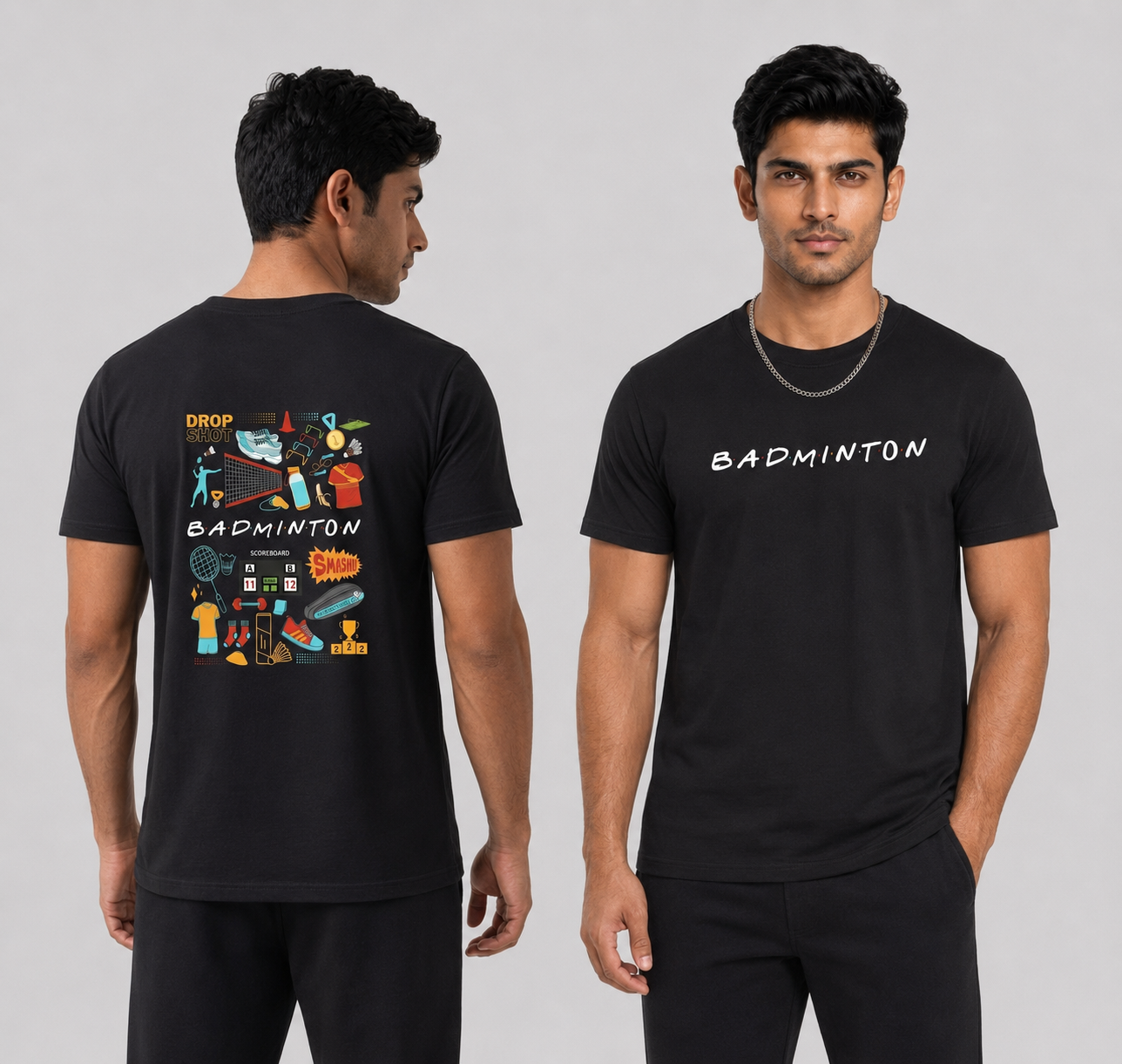 Men wearing black badminton graphic tee front and back view