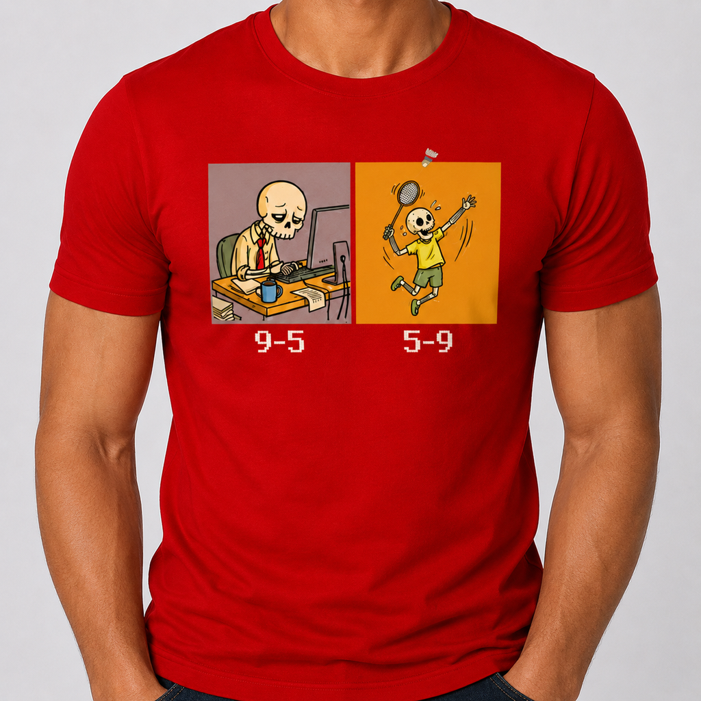 Men's Badminton Escape Mode Graphic T-Shirt - Funny 9-5 vs 5-9 Badminton Player Red Cotton Tee