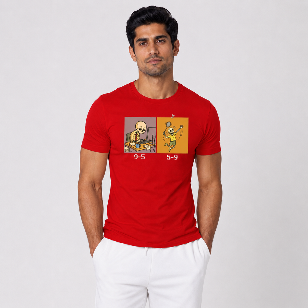 Red Badminton Graphic T-Shirt Full View - Funny Office to Court 9-5 Design Men's Half Sleeve Cotton Tee