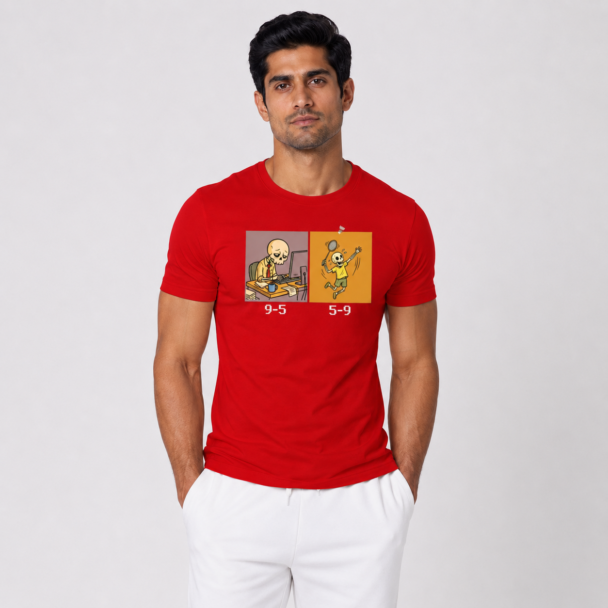 Red Badminton Graphic T-Shirt Full View - Funny Office to Court 9-5 Design Men's Half Sleeve Cotton Tee