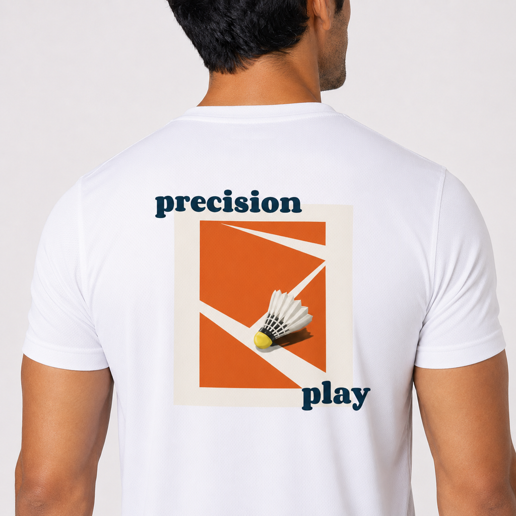 Men's Cotton Badminton Precision Play Graphic T-Shirt Back View - Orange Court Design White Half Sleeve Tee