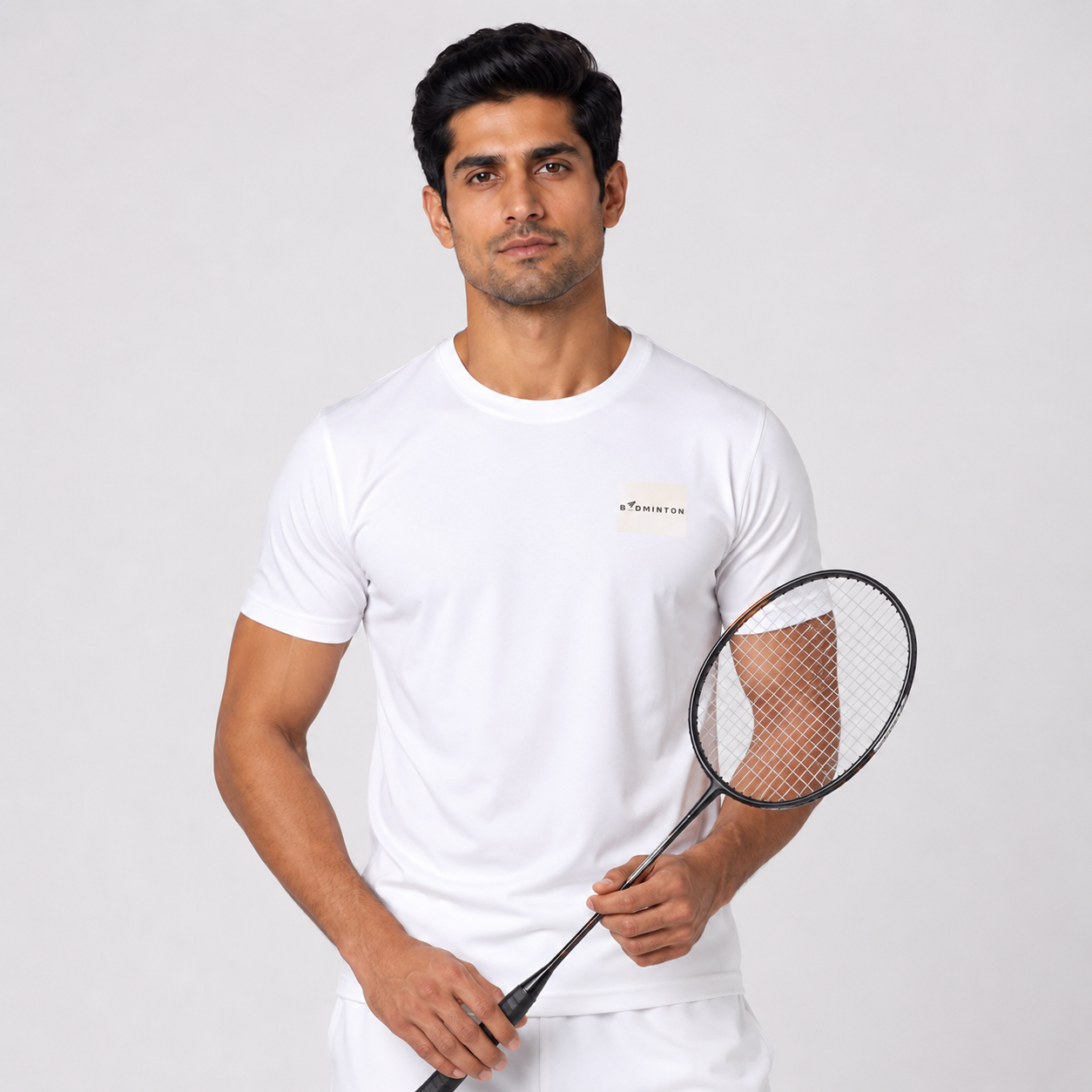 White Badminton Precision Play T-Shirt Lifestyle Shot - Men's Cotton Graphic Tee with Badminton Racket