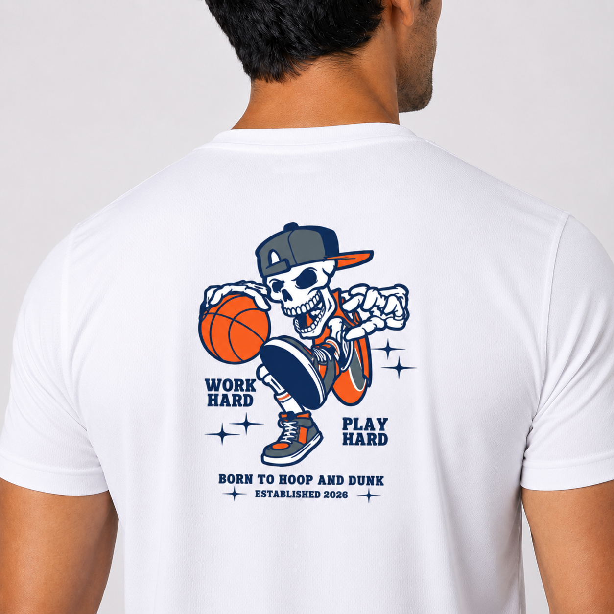 Men's Cotton Basketball Court Reaper T-Shirt Back View - Skull Work Hard Play Hard Graphic White Cotton Tee